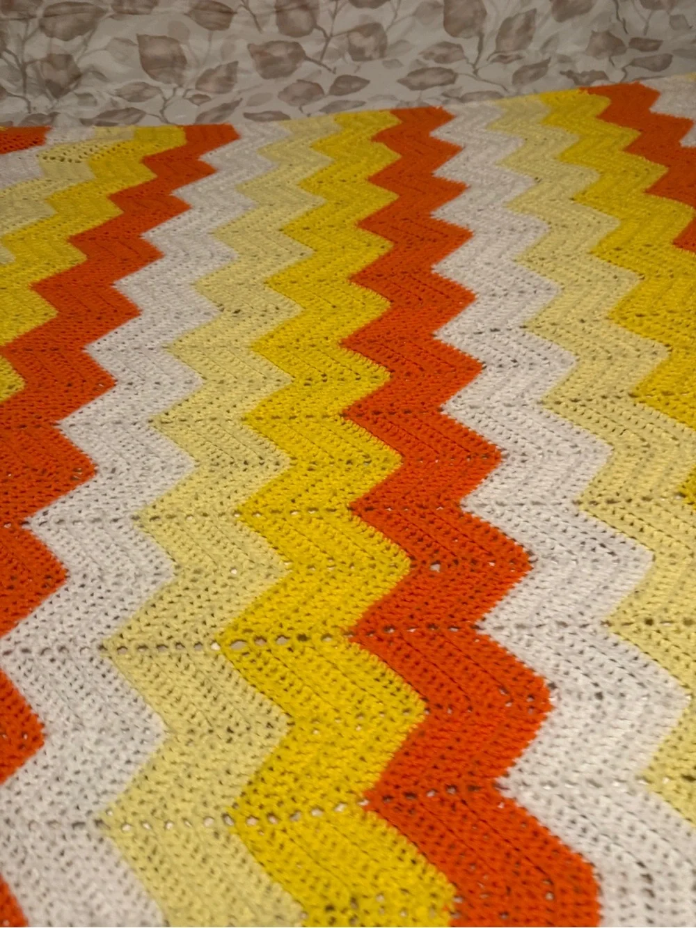 Vibrant Handmade Chevron Crochet Throw Blanket - Orange, Yellow & White Vintage